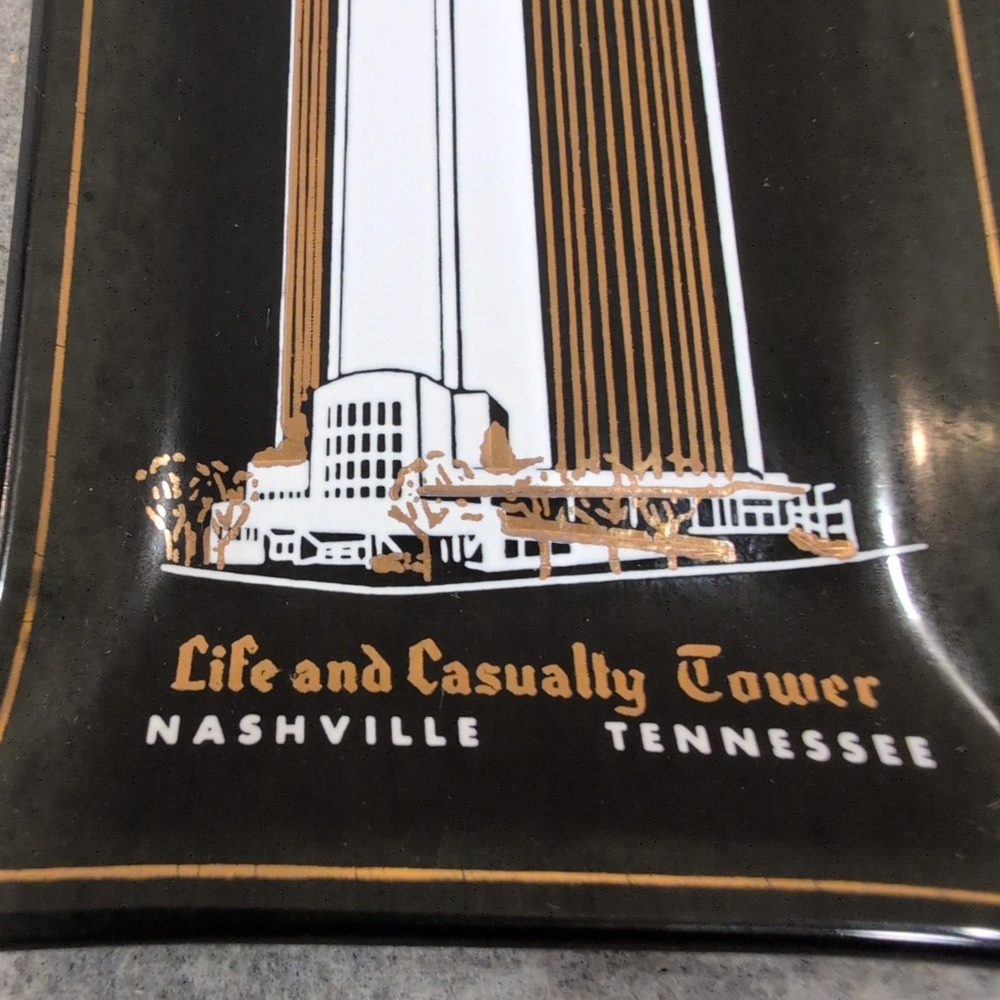 Vintage Life and Casualty Tower Nashville Tennessee Glass Trinket Dish Black Gol - Picture 2 of 6